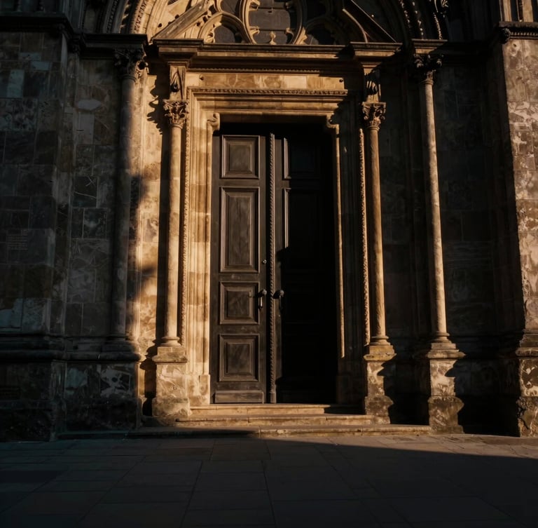 Dramatic low-angle shot of a classic stone cathedral doorway during golden hour, long shadows, cinematic editorial style, 35mm