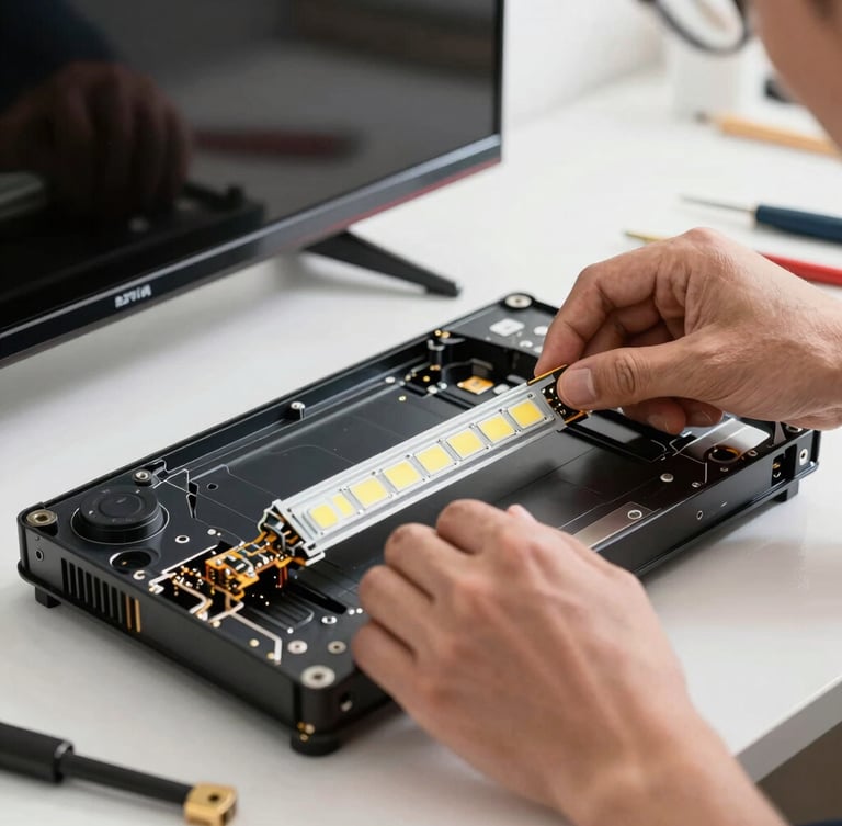 Close-up of a technician's hands carefully replacing a LED backlight strip inside a disassembled modern flat-screen television, bright workspace lighting, tools nearby.