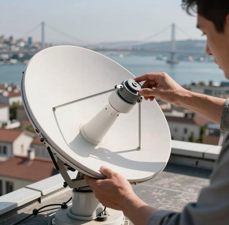 Close-up of a technician hands aligning a satellite dish on an Istanbul rooftop, background showing the distant Bosphorus bridge, bright daylight.