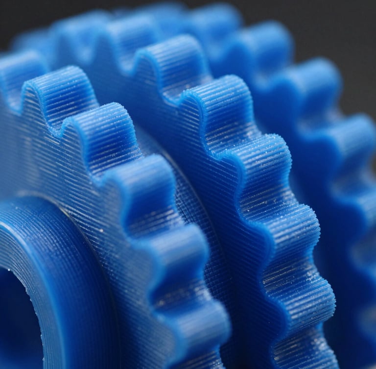 Extreme macro close-up of a high-precision 3D printed gear, showing flawless blue filament layer lines, cool studio lighting, shallow depth of field
