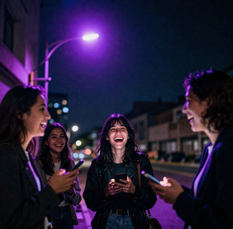 Candid dynamic shot of friends laughing under neon violet streetlights, holding phones, moody night photography, 35mm film style.