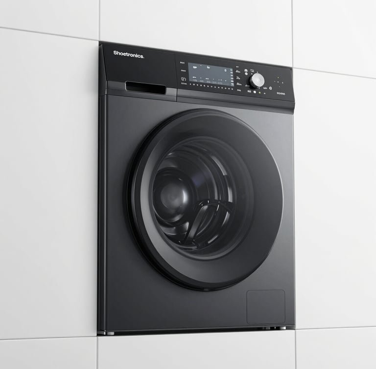 Studio lighting on a high-fidelity 3D CAD render of the Shoetronics appliance, showing its obsidian black chamber and clean geometric profile.