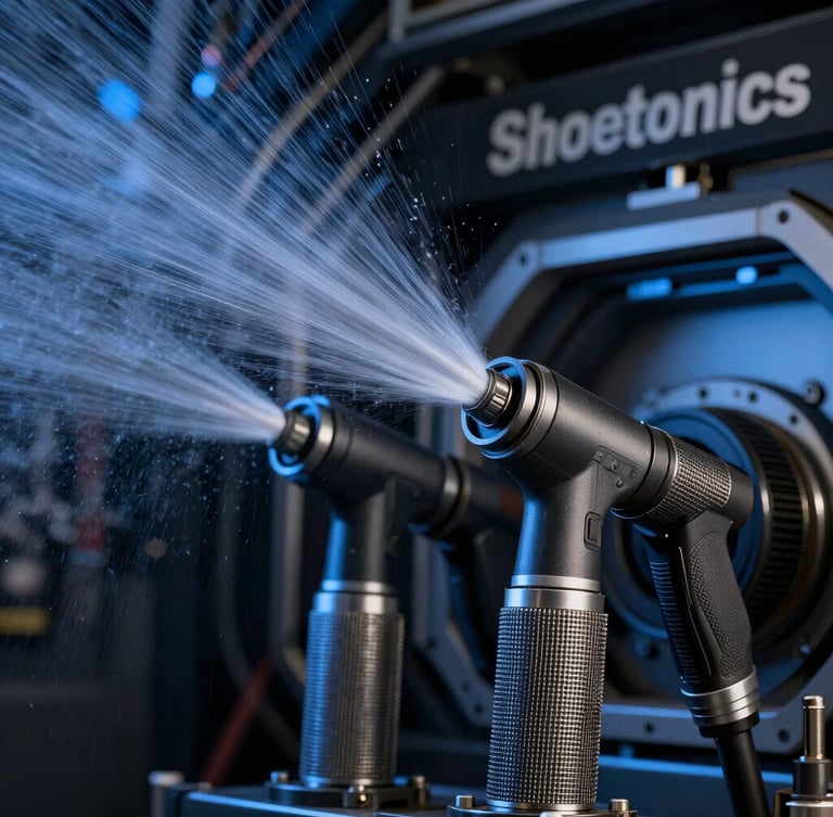 Extreme macro shot of high-pressure cleaning nozzles inside the Shoetronics chamber, fine mist suspended in air, dramatic blue studio lighting highlighting mesh textures.