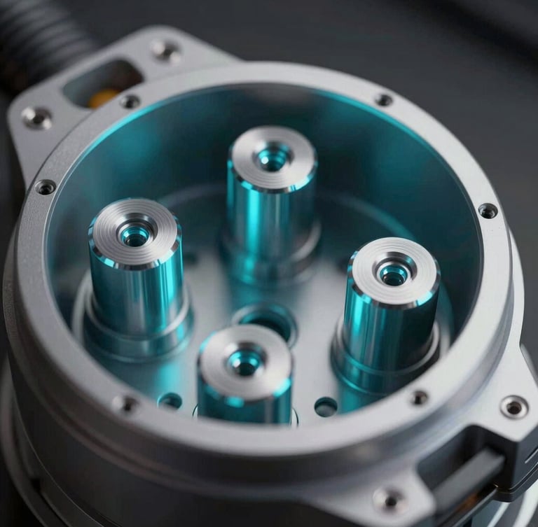 Extreme close-up of a high-fidelity 3D CAD render of the Shoetronics internal chamber, sharp directional cyan light reflecting off metallic nozzles, dark background.