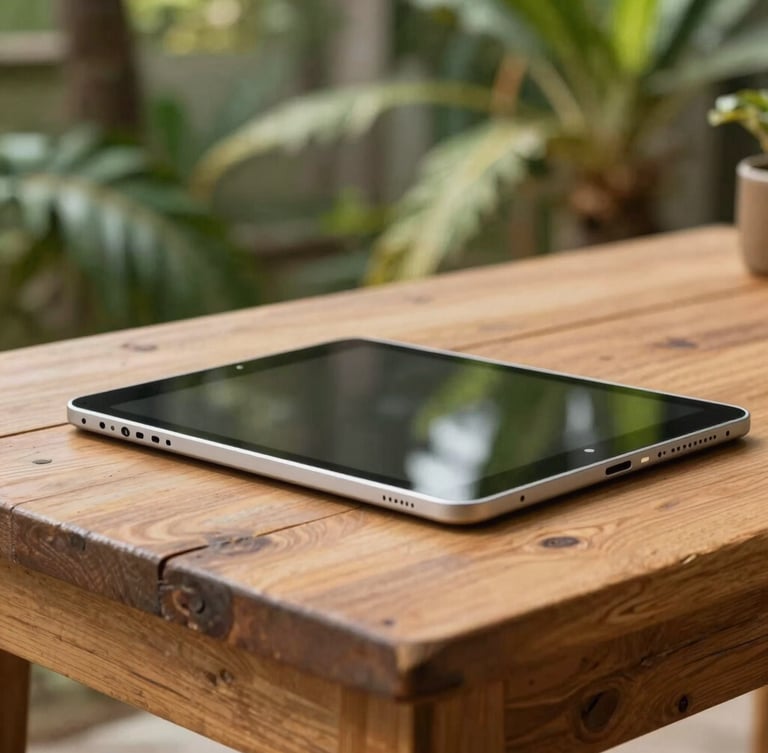 Close-up of a student tablet resting on a reclaimed teak desk, soft tropical garden greenery blurred in the background, warm natural light
