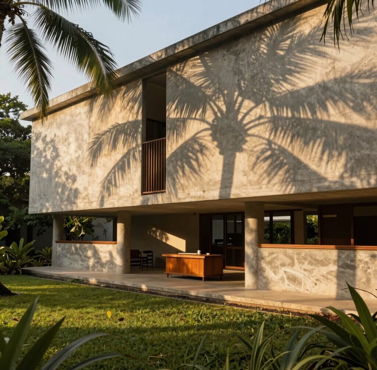 Wide environmental shot of Geoffrey Bawa-inspired campus architecture, tropical modernist concrete walls casting dramatic shadows, teak desk visible through open pavilion, warm golden-hour tropical sunlight.