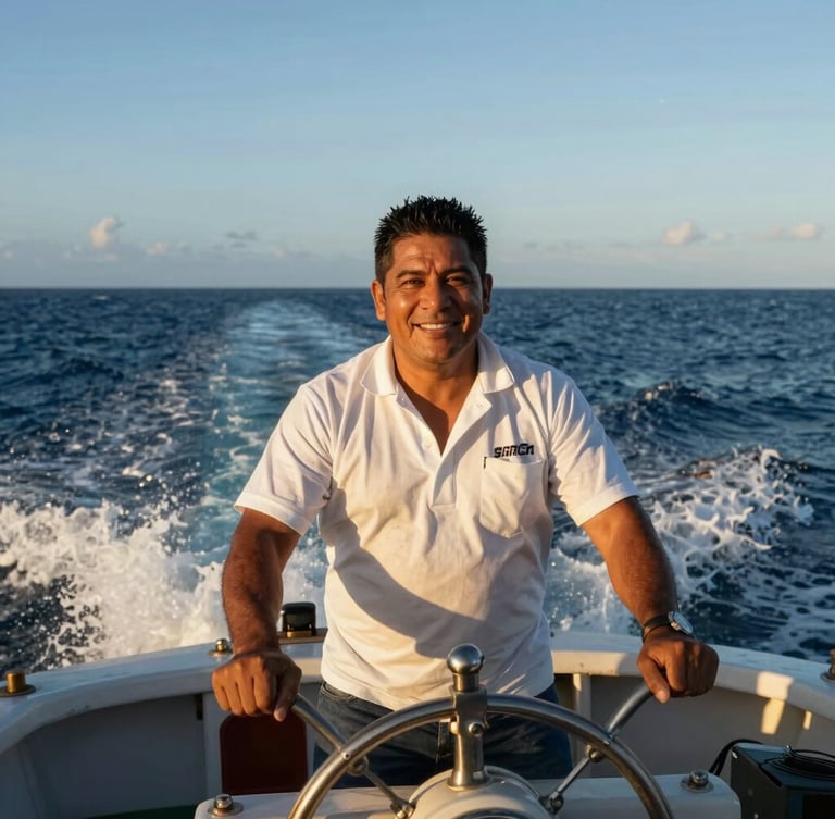 Portrait of an experienced Latino sea captain at the helm of a fishing vessel, smiling confidently, golden hour light, ocean background.