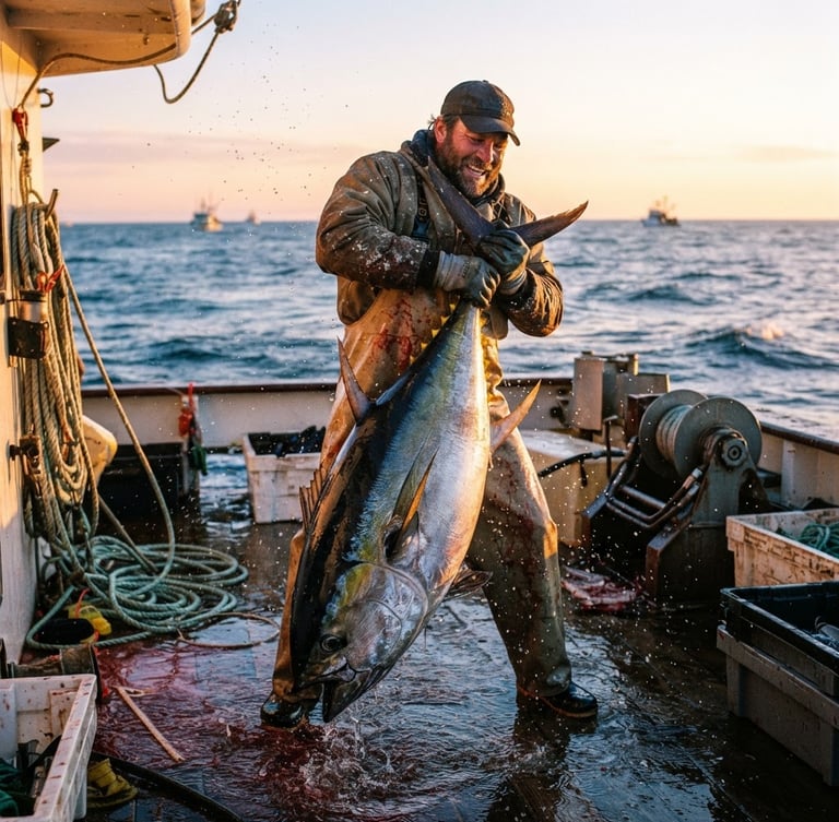 Dynamic marine photography of a fisherman holding a massive yellowfin tuna on the deck of a boat at sunrise, golden-hour sunlight reflecting off wet scales and ocean spray, high-contrast 35mm lens.
