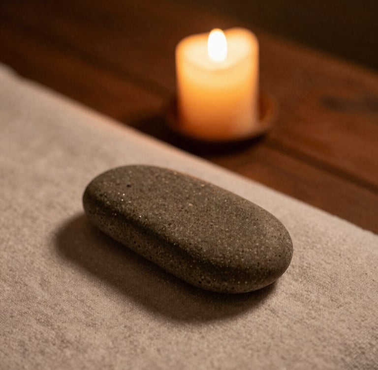 A close-up of a warm stone massage setup, a single candle burning softly in the background on a dark wooden surface, muted earth tones