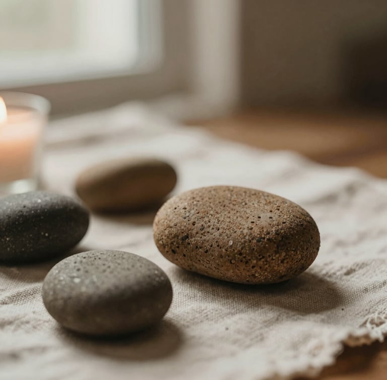 Macro close-up of warm basalt stones resting on textured linen, soft filtered afternoon window light, muted earth tones, shallow depth of field.
