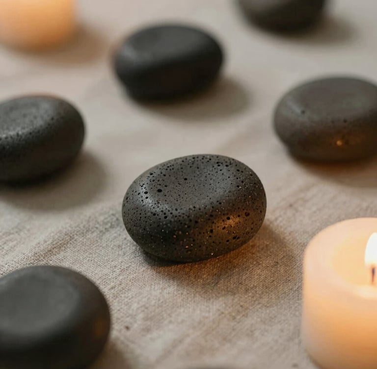 Close-up of warm basalt stones resting on textured linen under soft candle-lit shadows, muted earth tones, shallow depth of field, 35mm film texture