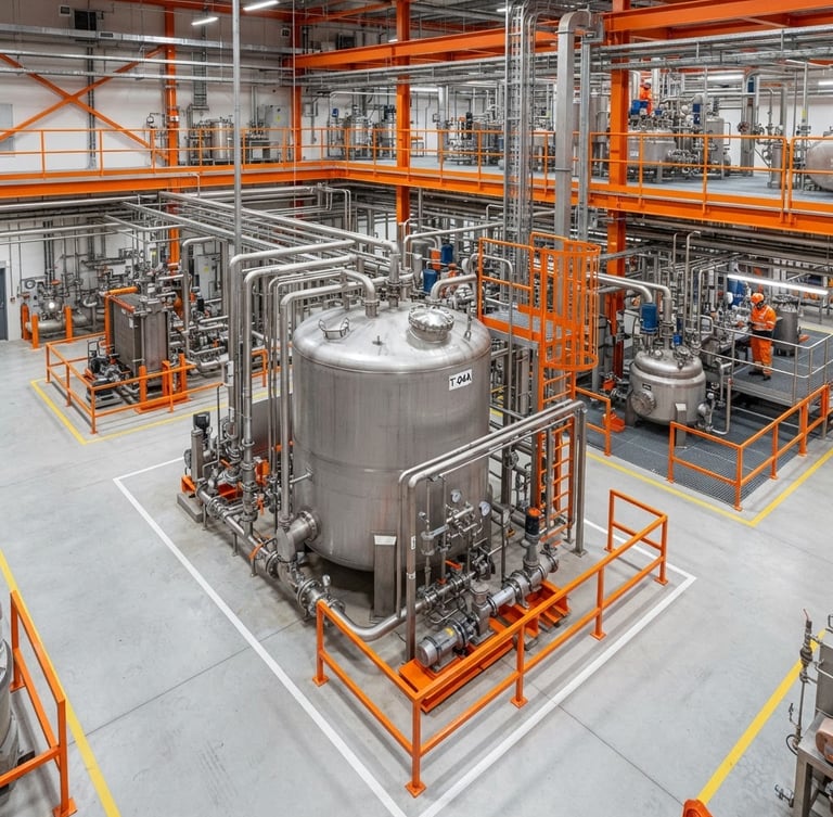 Wide shot of a clean, well-lit industrial facility floor with heavy-duty steel fluid containment units, technical focus, crisp utility lighting, safety orange accents visible.