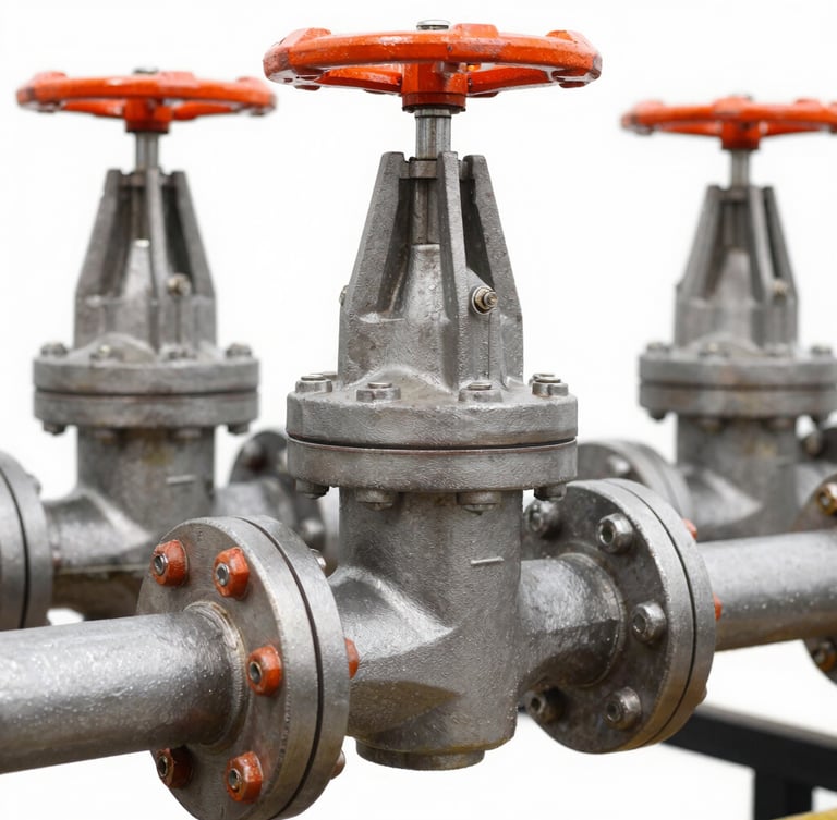 Portrait shot of heavy-duty steel fluid handling valves and pipes, with intricate technical details visible under crisp utility lighting. Focus on the rugged construction.