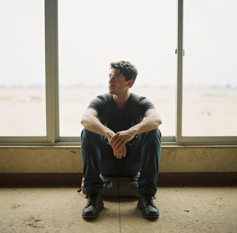 Quiet environmental portrait of a thoughtful traveler sitting by a large window with soft natural daylight, warm sand tones, 35mm film style.