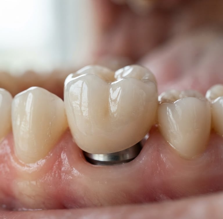 Macro photograph of a custom ceramic implant crown reflecting bright clinical daylight, shallow depth of field, high-end medical editorial style