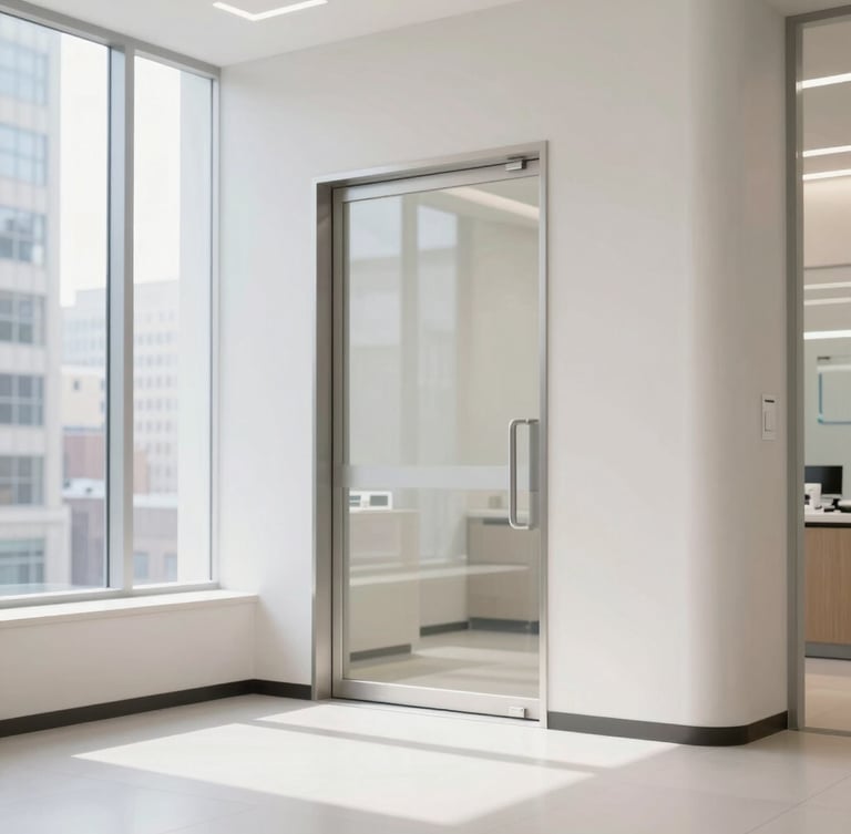 Architectural view of a modern, clean clinical dental office entrance in Midtown Manhattan, bright natural window light, high-end medical editorial style