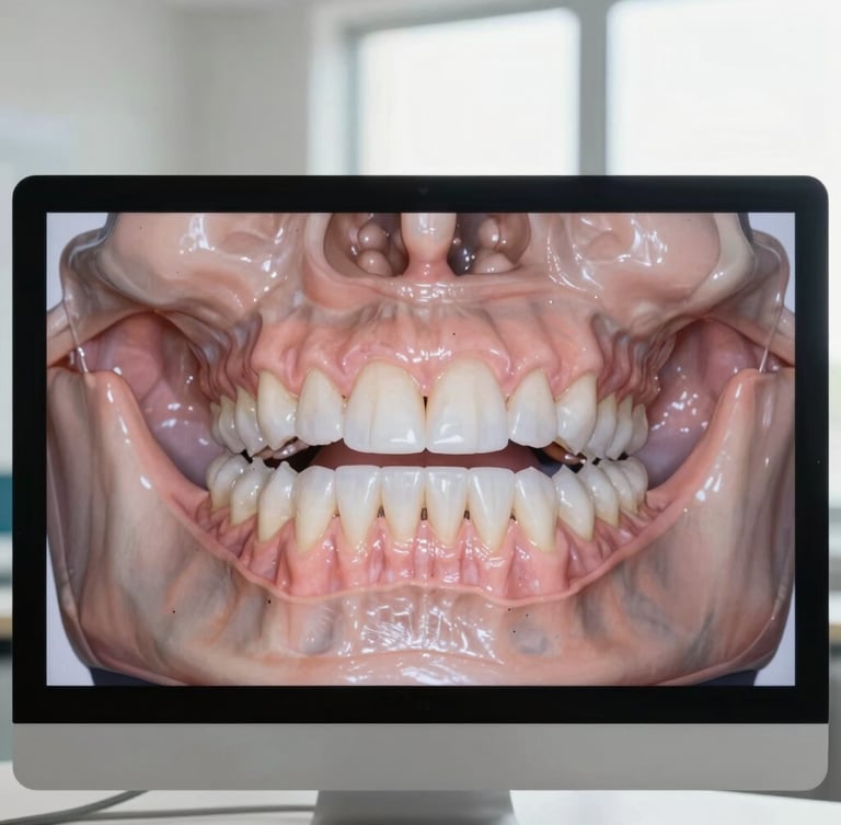 Macro clinical view of high-resolution 3D dental scan showing jaw structure on a clean monitor, soft daylight, sharp focus on the digital diagnostic interface