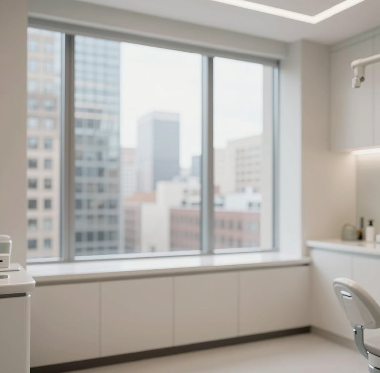 Architectural view of a modern Midtown Manhattan dental operatory, clean clinical photography, bright natural window light, soft neutral tones