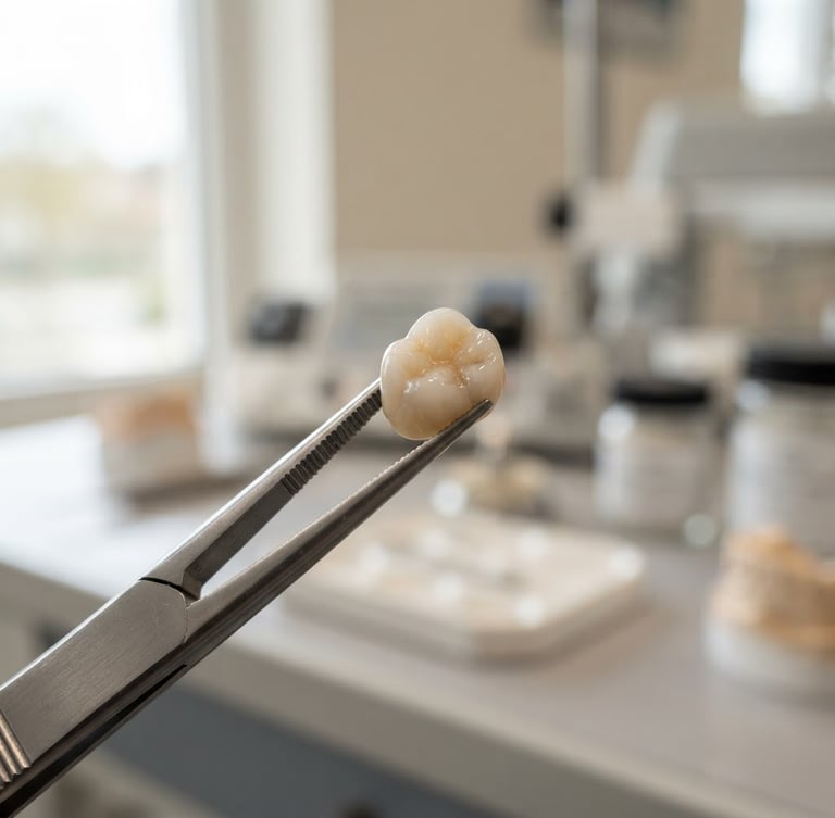 Macro photograph of a custom ceramic dental crown restoration held in surgical forceps under clean clinical daylight, shallow depth of field