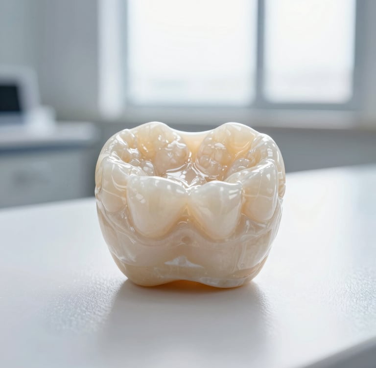 Macro close-up of a custom ceramic dental crown restoration resting on a clean, reflective clinical workstation, soft daylight, sharp focus on the detailed porcelain texture