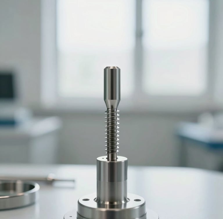 Macro shot of a high-precision titanium implant fixture being calibrated with surgical instruments, soft natural light, clean clinical background