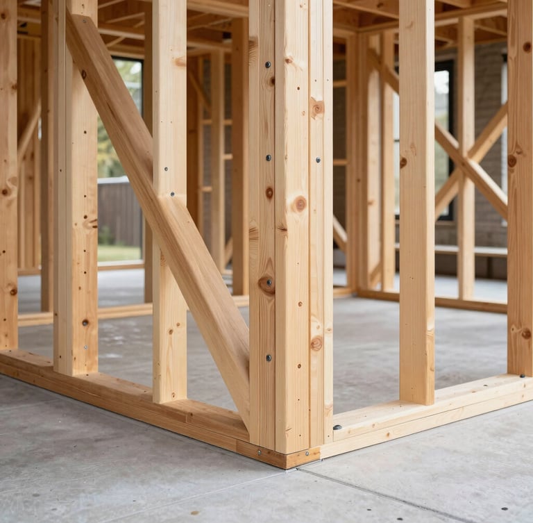Crisp daylight shot of residential heavy timber framing, clean geometric lines of beams meeting structural steel connectors, pristine concrete slab below.