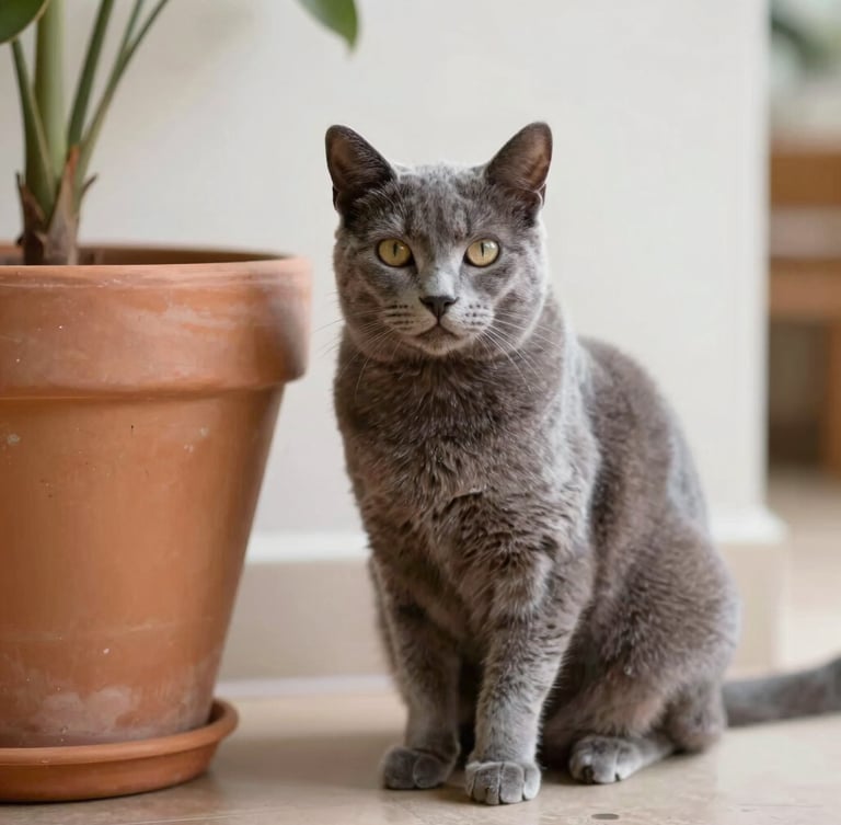 A sleek grey cat sitting peacefully by a terracotta pot, soft natural light, warm minimalist home interior, shallow depth of field.