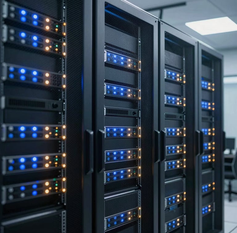 Highly secure server racks in a modern enterprise data center, glowing blue and amber led indicators, clean architectural lines, professional security operations center feel.