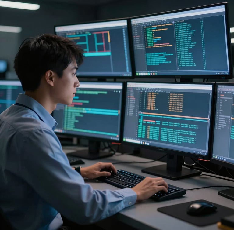 A professional security engineer analyzing encrypted data streams on multiple vertical monitors in a dark control room, soft blue and amber ambient light, highly technical and secure environment.