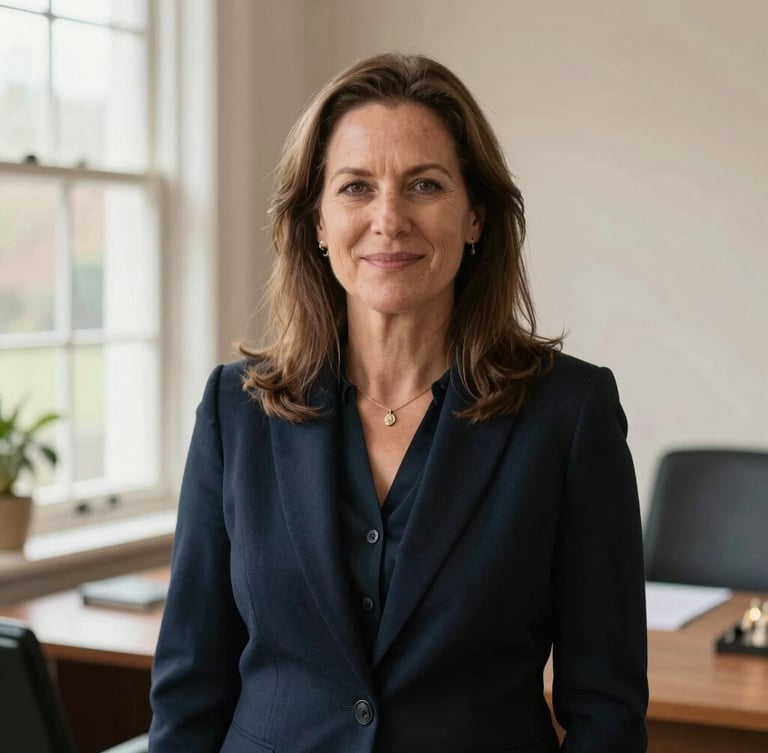 Editorial portrait of Valerie Bance, a professional legal advisor in a warm, natural-lit West Sussex office, deep navy tones, shallow depth of field, 35mm