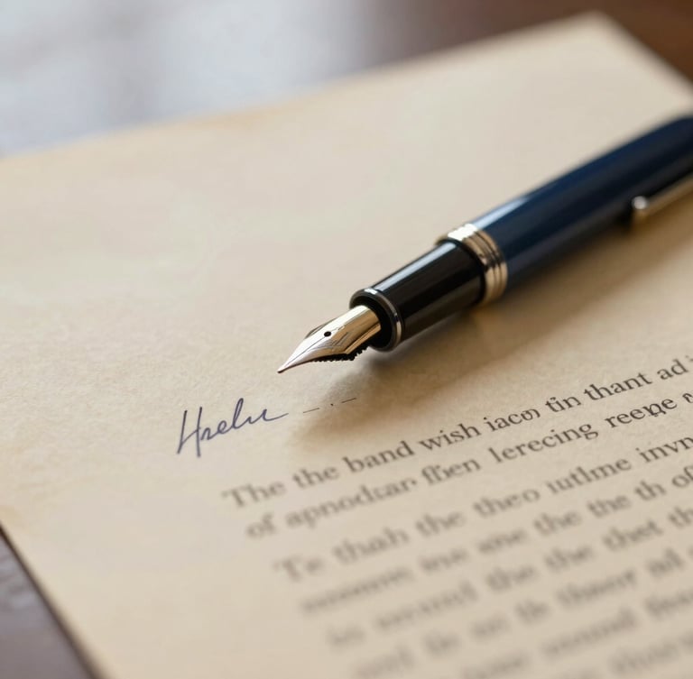 Close-up of a fountain pen resting on signed corporate contract documents, warm parchment paper, soft window light, shallow depth of field