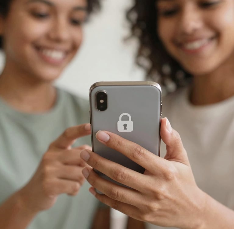 Close-up of a hand gently holding a smartphone, a lock icon visible on the screen, warm, reassuring natural light, shallow depth of field, emphasizing security and trust.