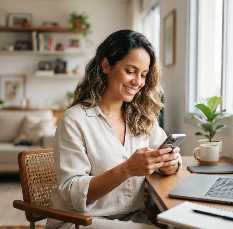 Brazilian woman in her 30s, smiling gently, looking at her phone in a bright, modern home office, natural daylight, shallow depth of field, feeling of relief and peace of mind.