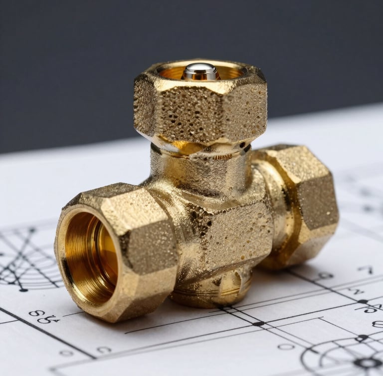 Macro detail shot of a brushed brass plumbing valve resting on a technical blueprint, crisp directional studio lighting highlighting metallic textures and fine-milled edges, deep slate background.