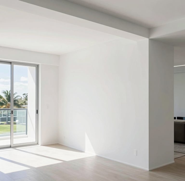 Bright architectural photography of a modern South Florida living room with freshly painted crisp white walls and razor-sharp trim lines, daylight pouring in, 35mm lens