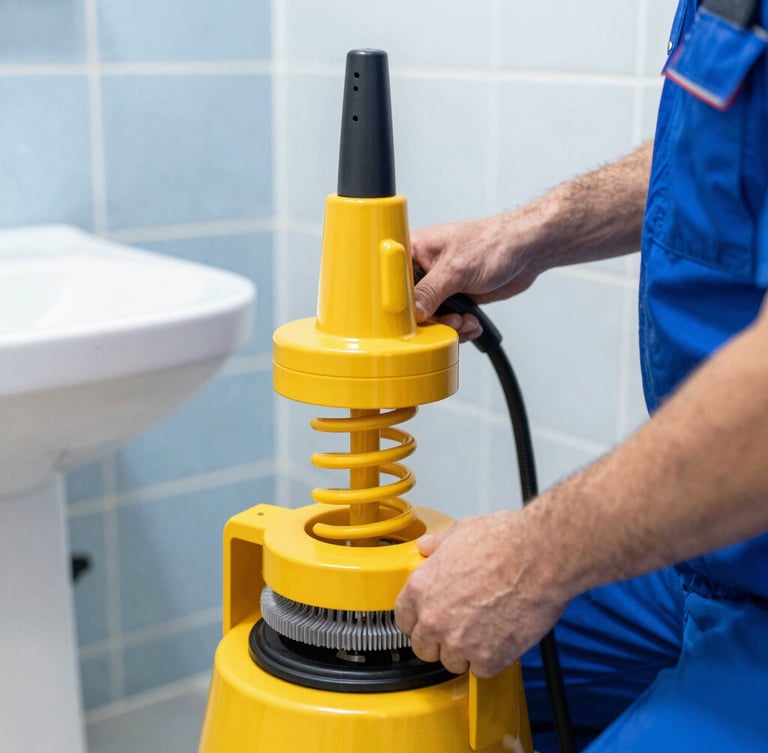 Close-up of a professional technician operating a clean yellow mechanical spiral drain cleaner machine inside a modern bathroom, bright daylight, high contrast blue and yellow tones, sharp focus.