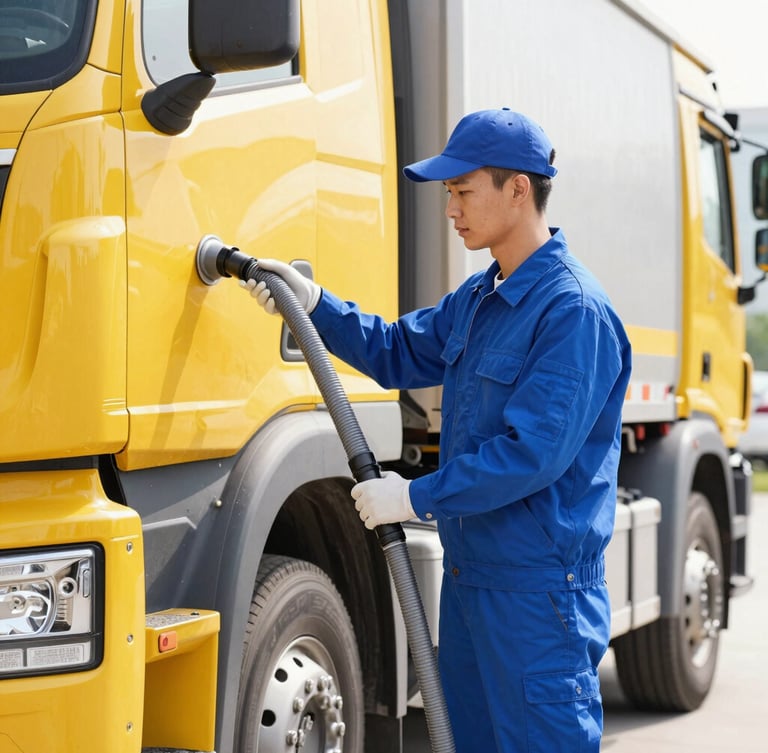 Professional technician in clean blue uniform operating a clean vacuum hose connected to a modern truck, daytime, sharp focus, professional utility style