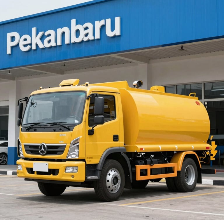 Clean modern yellow vacuum truck parked in front of a clean Pekanbaru commercial building, bright daylight, high contrast blue and yellow tones, professional utility style