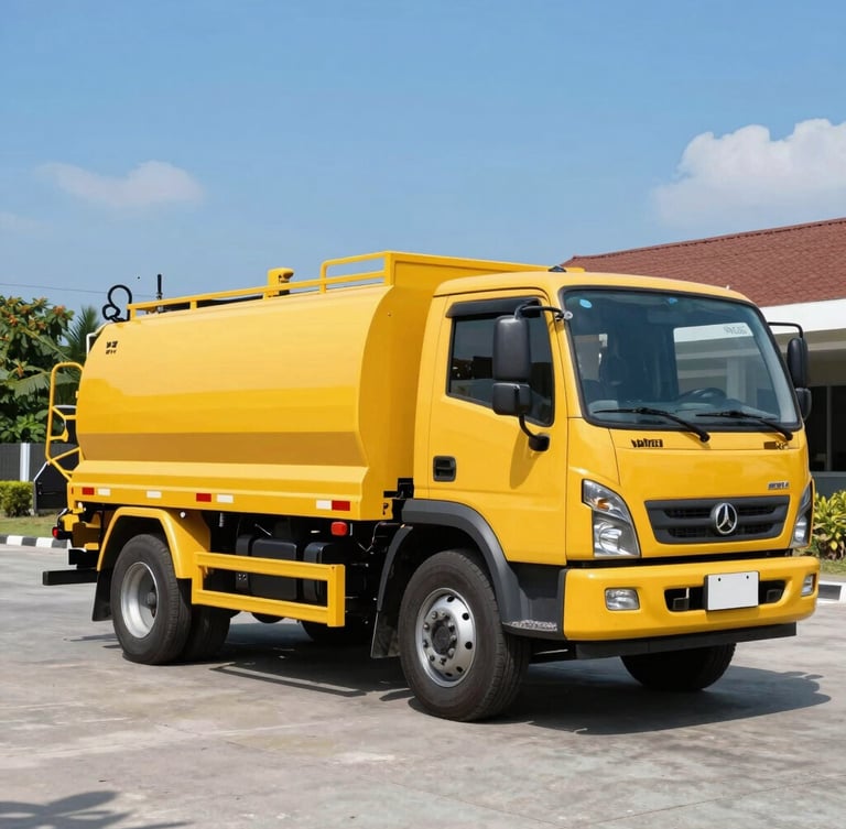 Clean yellow vacuum truck parked neatly on a clean concrete driveway in Pekanbaru, bright daylight, professional utility style