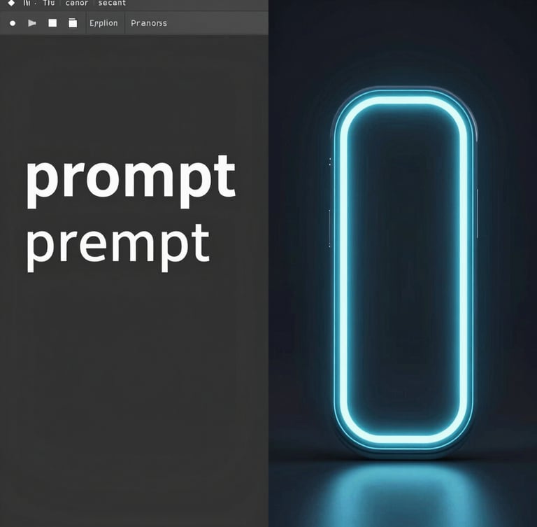 Split-screen comparison showing clean prompt text on a dark terminal interface on the left, and a high-fidelity neon-lit digital render of a futuristic product on the right, cool-toned digital glow, sharp focus.