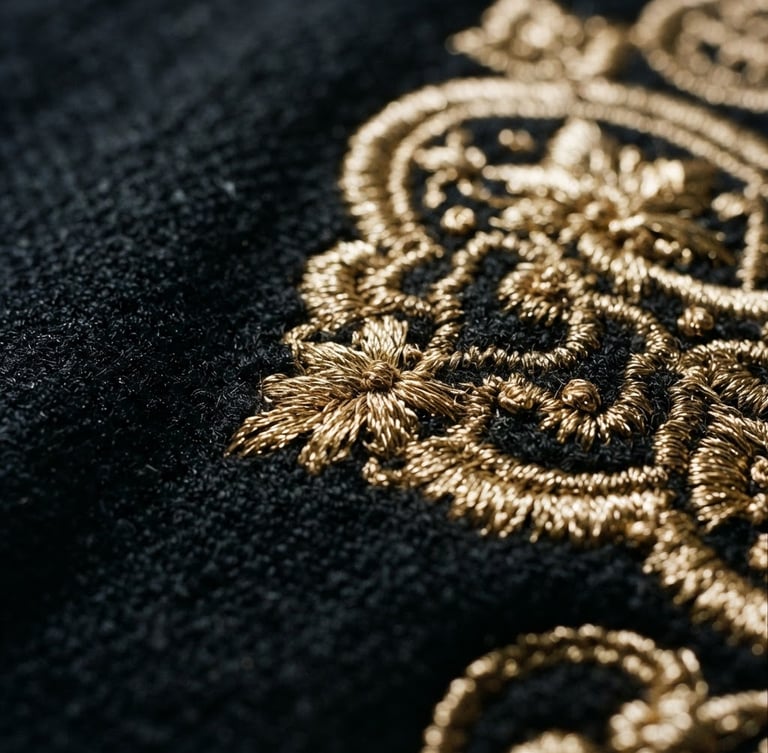 Close-up of precision stitching on heavy black fabric with gold thread, dramatic high-contrast studio lighting, sharp textile textures, 35mm