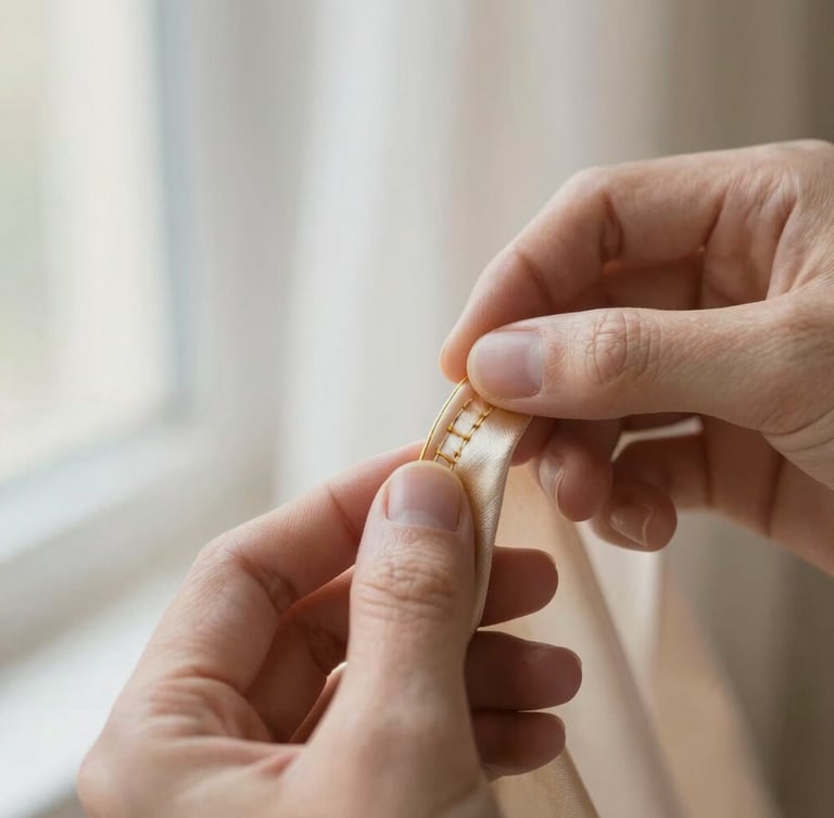 Macro shot of delicate hand-stitching on a champagne gold silk lapel, tailor's hands visible, soft diffused morning light, shallow depth of field