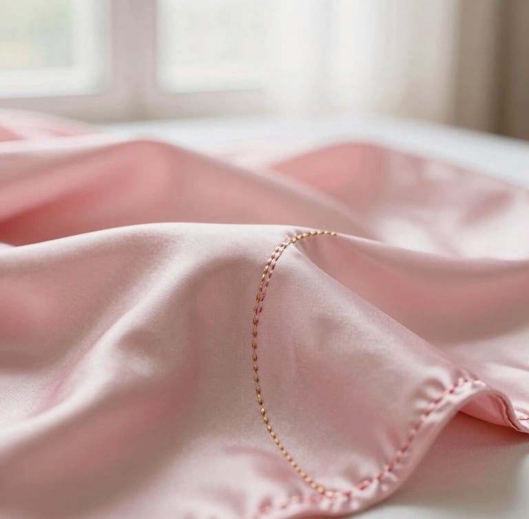 Close-up of delicate hand-stitching on premium pink silk fabric, soft morning window light, shallow depth of field