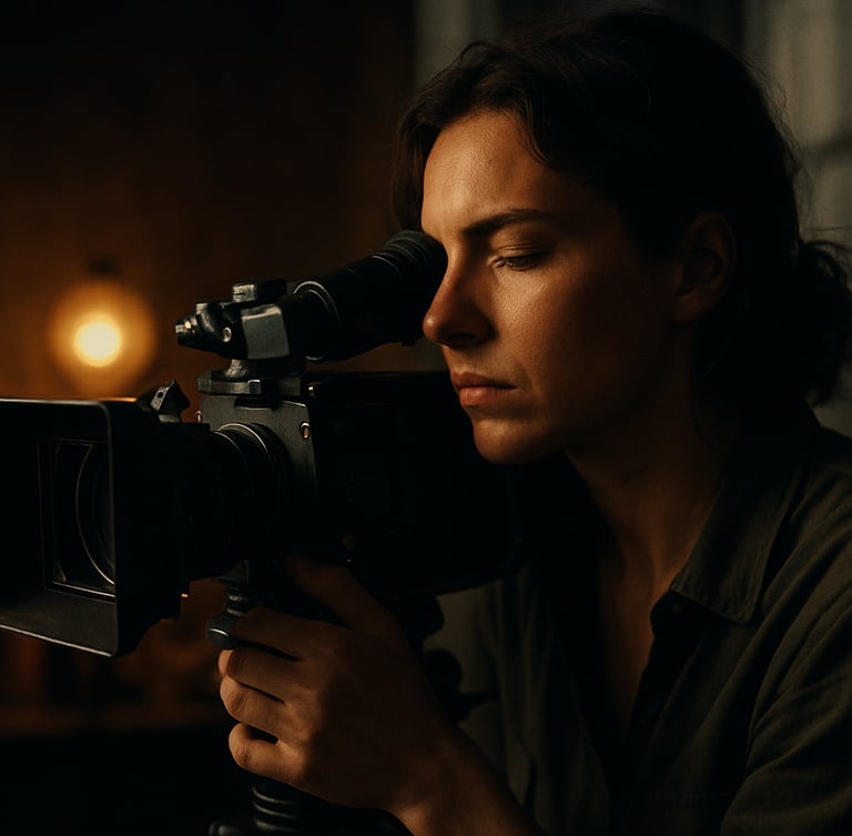Cinematic close-up of a female director looking through a camera viewfinder, warm practical lamps, deep shadows, moody urban tones, 35mm film.