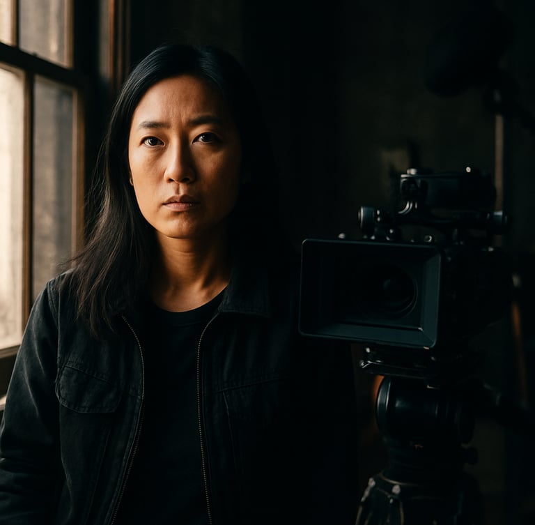 An intimate behind-the-scenes portrait of director Donna Du on a cinematic film set, warm natural window light, deep shadows, rich contrast, moody urban tones, 35mm film.