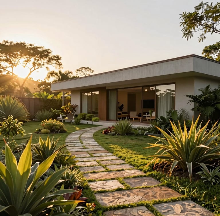 Wide environmental shot of a modern Brazilian home integrated with a lush native garden, stone pathway, golden hour sun, bleed style