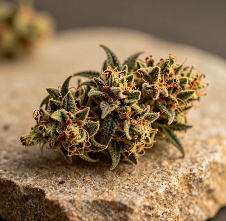 Macro close-up of a dense, trichome-rich cannabis flower resting on a raw sandstone block, warm golden-hour side lighting