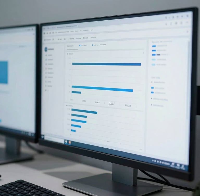 Macro close-up of a modern dual-monitor workspace setup, clean SaaS dashboard displaying real-time metrics, cool daylight, sharp focus, desaturated blue tones, 35mm