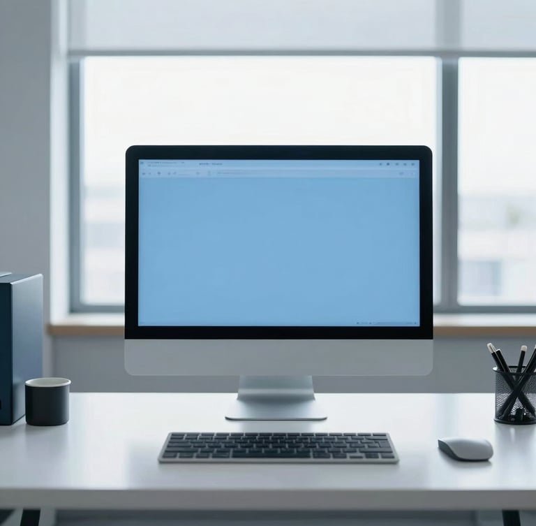 Clean minimal workspace with structured desk setup, soft overhead window light, desaturated blue tones, professional 35mm