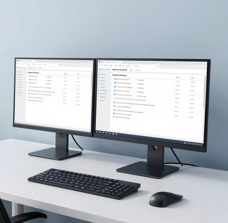 Crisp corporate tech photography of a clean minimal workspace with a dual-monitor setup showing active support ticketing dashboards, cool daylight, sharp focus, desaturated blue tones, 35mm